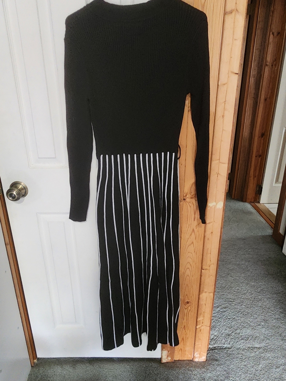 Black Long Sleeve Knit Dress with White Stripe Skirt - Picture 2 of 3
